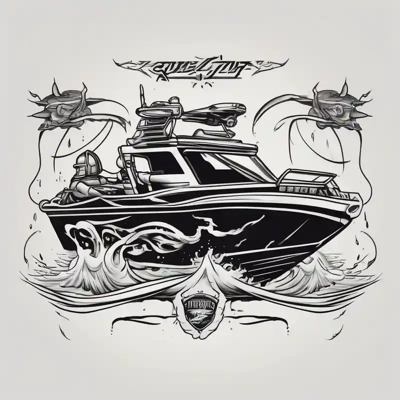 Traditional style tattoo, with a jet boat in the water, with a banner that says “ARMOR” in traditional lettering, add – Surreal, Black and white